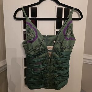 Green Embellished Satin Tank Top with Purple Accents
